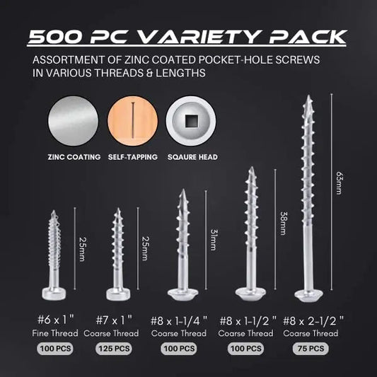 Massca Pocket-Hole Screw Kit 500 Units | Self-Tapping Zinc Plated