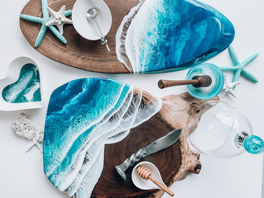 epoxy charcuterie Boards with ocean design
