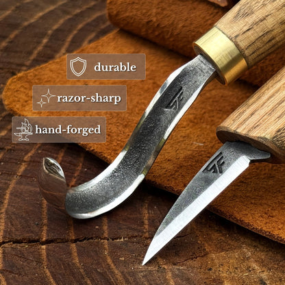 3-Piece Wood Carving Knife Set – Whittling Knife, Hook Knife & Leather Strop