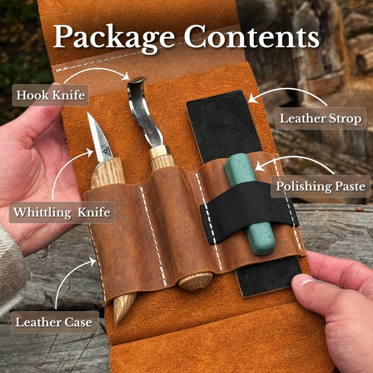 3-Piece Wood Carving Knife Set – Whittling Knife, Hook Knife & Leather Strop