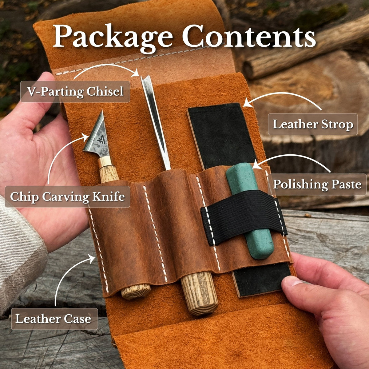 3-Piece Wood Carving Tool Set with Leather Case