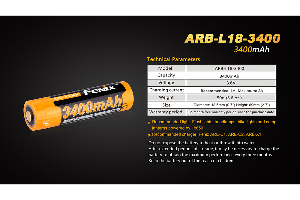 Fenix ARB-L18-3400mAh Rechargeable 18650 Battery - Norfolk Wood Shop