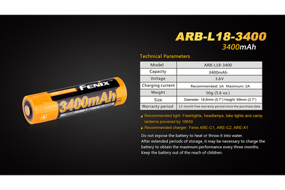 Fenix ARB-L18-3400mAh Rechargeable 18650 Battery - Norfolk Wood Shop