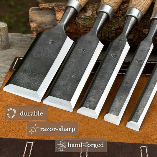 5-Piece Small Timber Framing Chisel Set with Leather Case