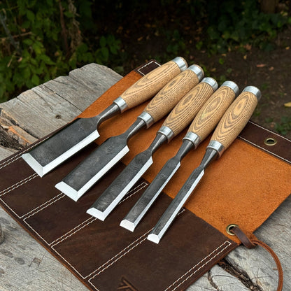 5-Piece Small Timber Framing Chisel Set with Leather Case