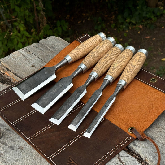 5-Piece Small Timber Framing Chisel Set with Leather Case