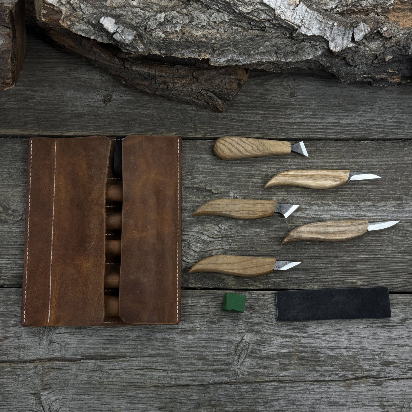 5-Piece Wood Carving Knife Set with Sharpening Board & Leather Case