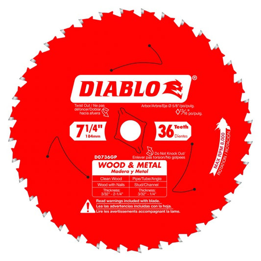 Diablo D0736GPA 7-1/4 in. x 36 Tooth Wood & Metal Carbide Saw Blade - Norfolk Wood Shop