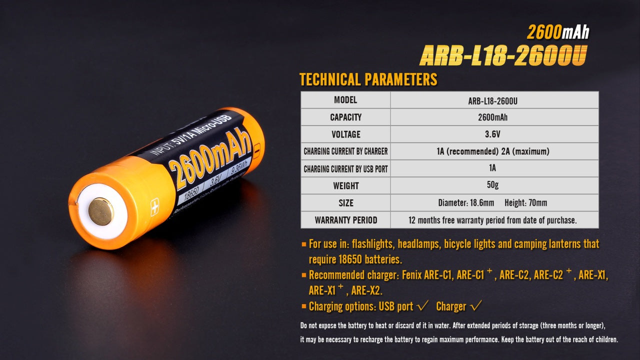 Fenix ARB-L18-2600U USB Rechargeable Li-ion 18650 Battery - Norfolk Wood Shop