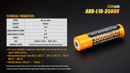 Fenix ARB-L18-3500U USB Rechargeable Li-ion 18650 Battery - Norfolk Wood Shop
