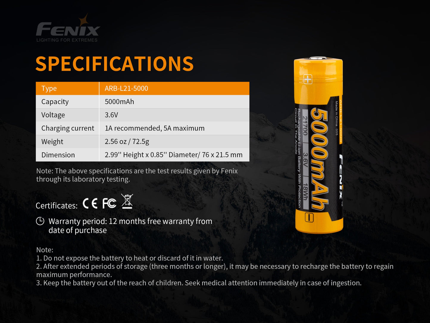 Fenix ARB-L21-5000 V2 Rechargeable 21700 Rechargeable Battery - Norfolk Wood Shop