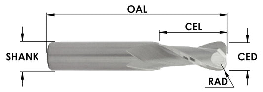 Sc Cove Nose Spiral, 2Fl, 1/2 Cd X 1-1/4 Cl X 1/2 Shk, 3 Oal : 1/8 Rad