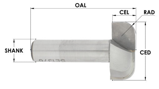 B & T Bit, 2 Flute. 1/4" Radius X 1-1/4" L-Dia X 1/2" Shank