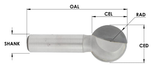 C/T 2 Flute Ball Cutting Bit, 1/2" Rad X 1" Ced