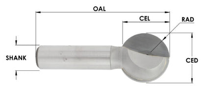 C/T 2 Flute Ball Cutting Bit, 1/2" Rad X 1" Ced