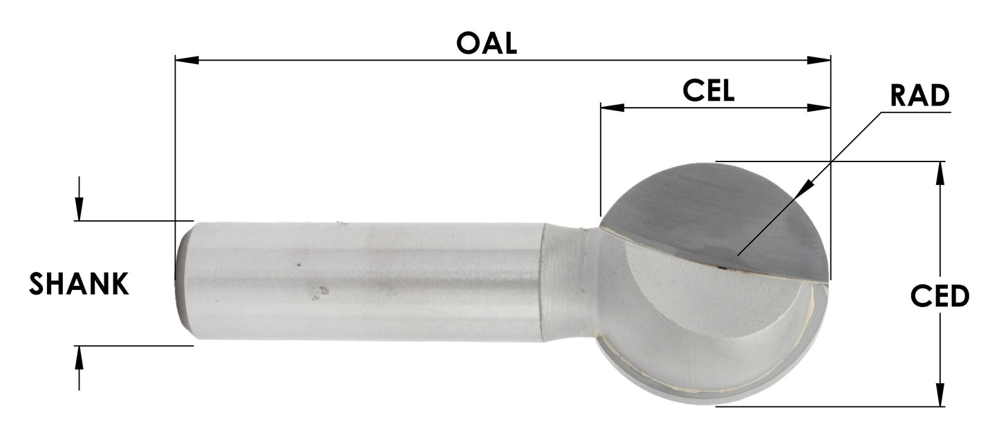 C/T 2 Fl Ball Cutting Bit, 1/4"Rad X 1/2"Cd X 1/2 Cl X 1/4 Sh X 1-3/4" Oal