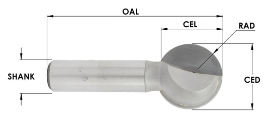 C/T 2 Flute Ball Cutting Bit, 3/8" Rad X 3/4" Cd