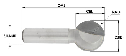 C/T 2 Flute Ball Cutting Bit, 3/16" Rad X 3/8"Cd