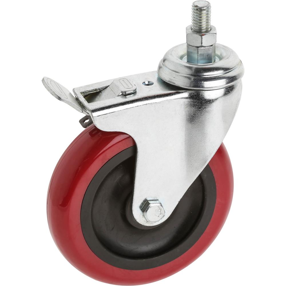 5" Red Polyurethane Swivel Caster w/ Brake, Threaded
