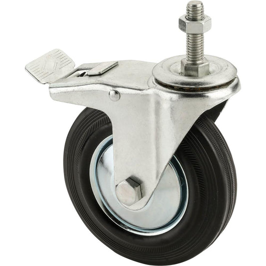 5" Black Rubber Swivel Caster, M12x1.75 Threaded Mount with Lock