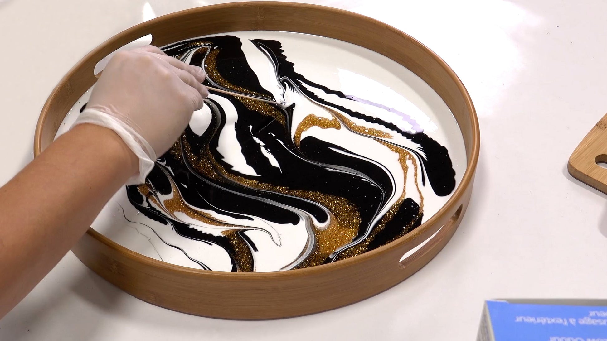 epoxied serving tray with glitter powder