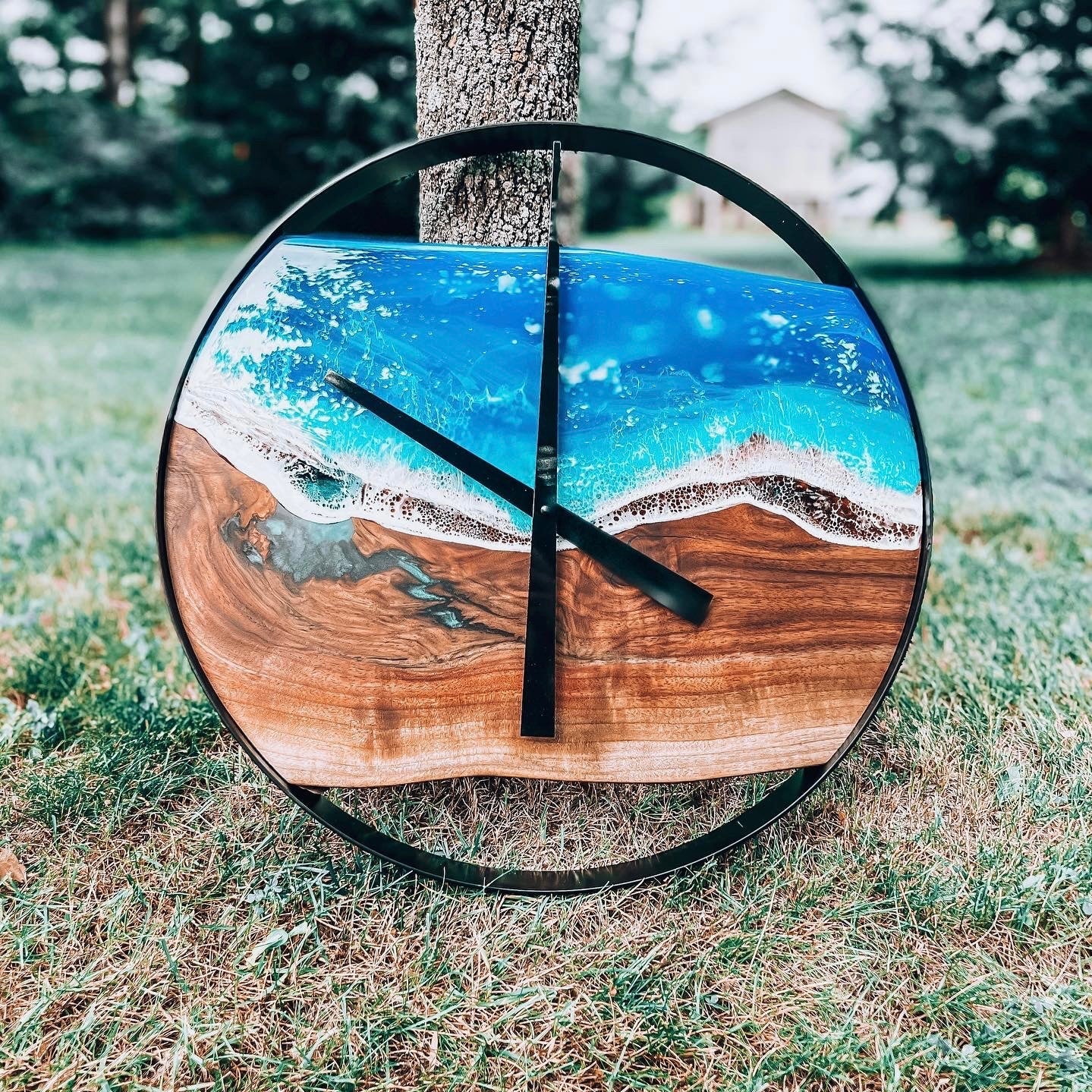 custom clock with epoxy coat ocean design