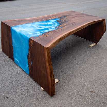 table with blue casting resin